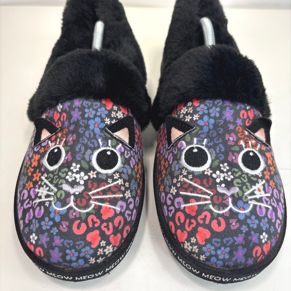 Skechers BOBS Too Cozy Meow Slippers Black Floral Leopard Cat Size 8 - Picture 4 of 12